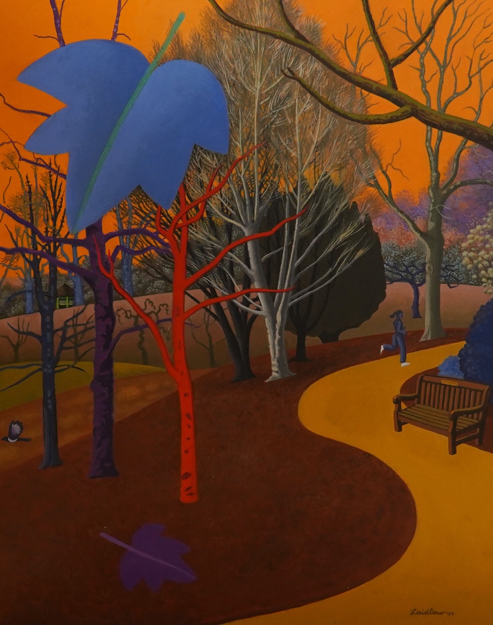 Ken Laidlaw (b.1945), Surreal landscape, signed and dated ‘07, a set of three triptych oils on canvas, unframed, each 51 x 40cm